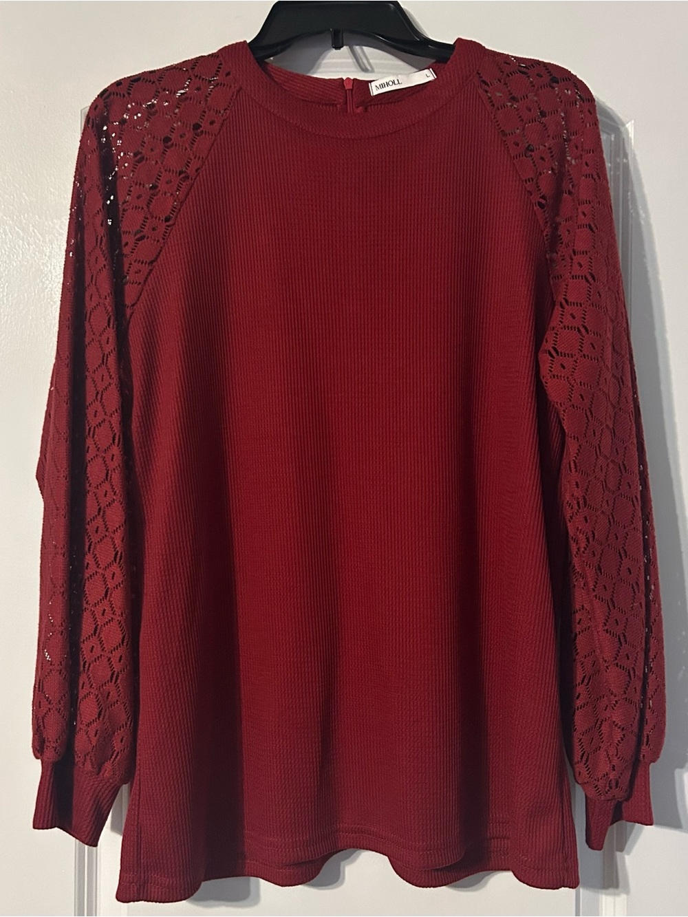NWOT Burgundy Lace-Sleeve Ribbed Knit Blouse